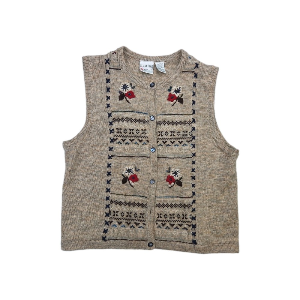 Vintage Wool Blend Floral Embroidery Vest Sleeveless Cardigan Sweater Sz S